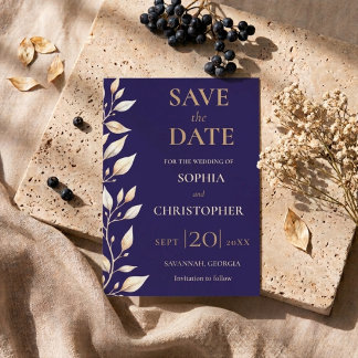 Elegant Navy Botanical Border Wedding Save The Date