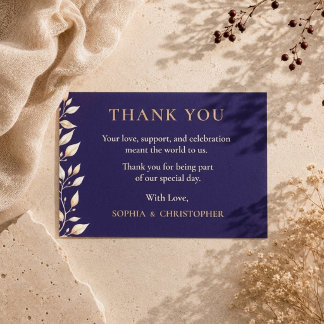 Elegant Navy Botanical Border Wedding Thank You Card