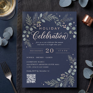 Elegant Navy Botanical Corporate Holiday Invitation