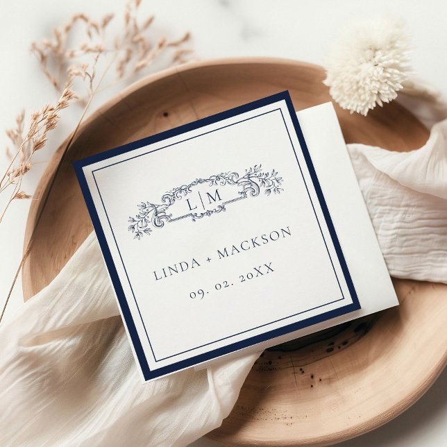 Elegant Navy botanical crest monogram wedding Napkin (Creator Uploaded)