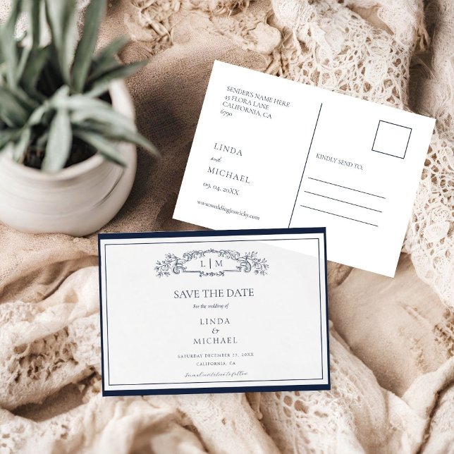 Elegant Navy botanical crest monogram wedding Save The Date (Creator Uploaded)