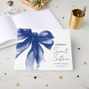 Elegant Navy Bow Coquette Script Sweet 16 Guest Book
