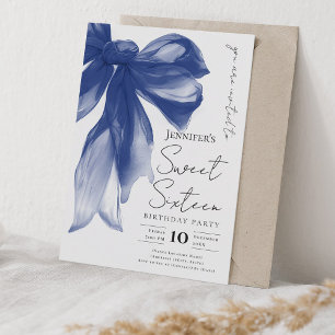 Elegant Navy Bow Coquette Script Sweet 16 Party  Invitation