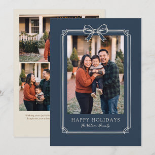 Elegant Navy Bow Happy Holidays Family Photo Holiday Card
