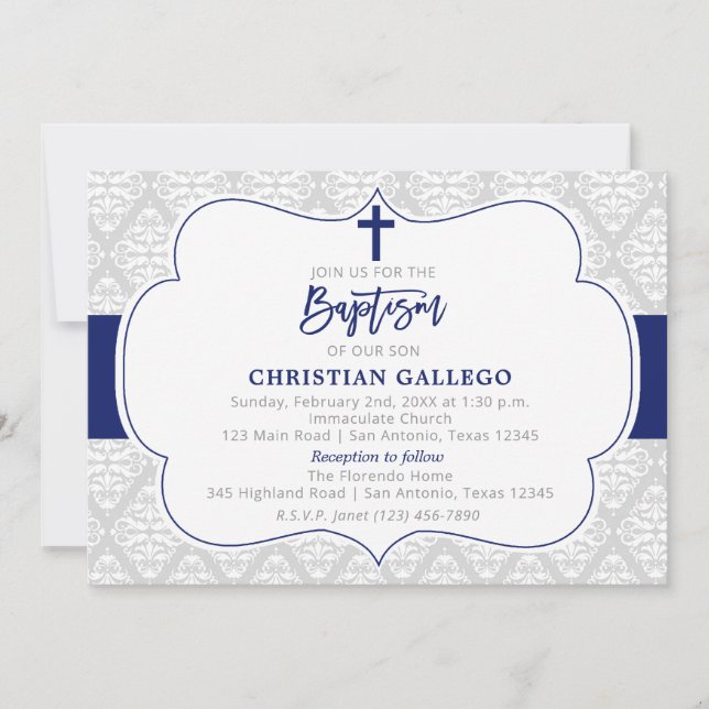 Elegant Navy Boy Baptism Invitation (Front)