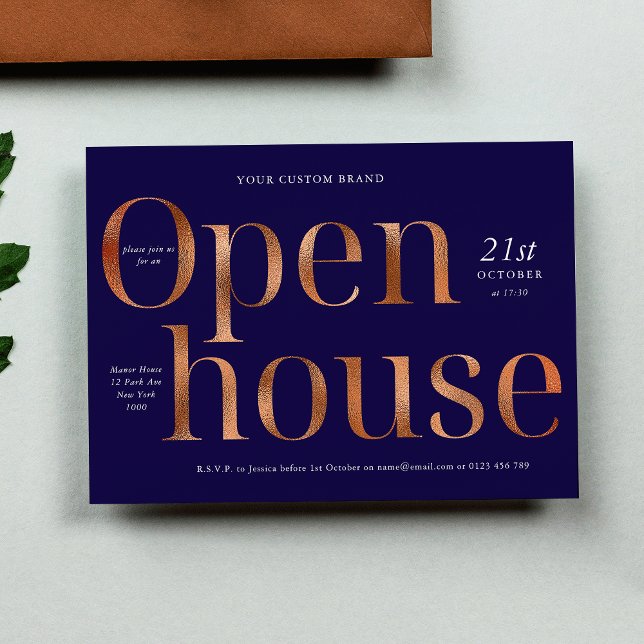 Elegant  Navy & Bronze Gold Business Open House Invitation (Elegant Navy & Bronze Gold Business Open House Invitation)