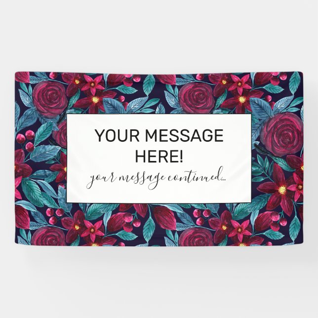 Elegant Navy Burgundy Christmas Floral Watercolor Banner (Horizontal)