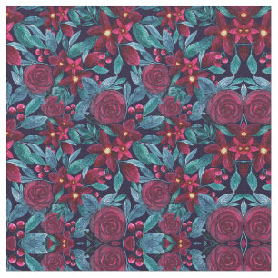 Elegant Navy Burgundy Christmas Floral Watercolor Fabric