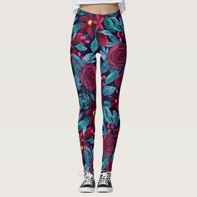 Elegant Navy Burgundy Christmas Floral Watercolor Leggings (Front)