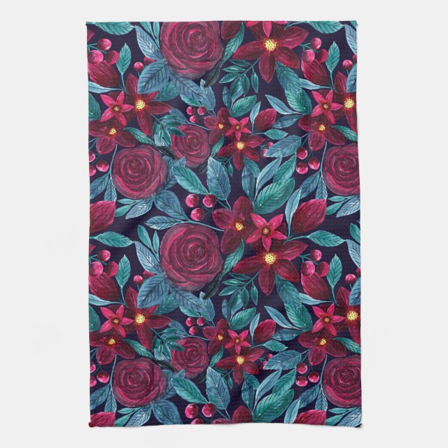 Elegant Navy Burgundy Christmas Floral Watercolor Tea Towel (Vertical)