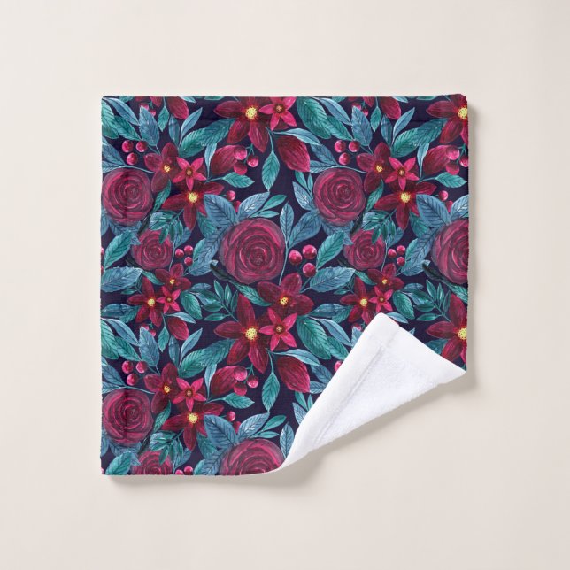 Elegant Navy Burgundy Christmas Floral Watercolor Wash Cloth (Wash Cloth)