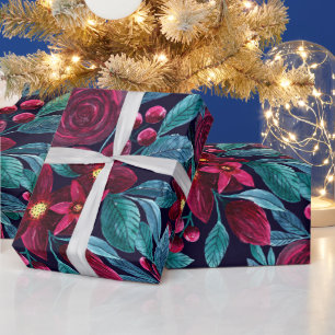 Elegant Navy Burgundy Christmas Floral Watercolor Wrapping Paper