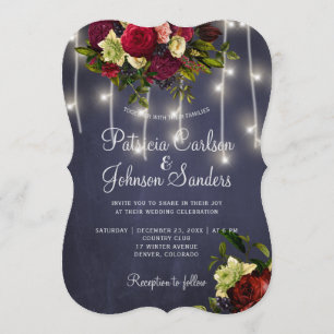 Elegant navy burgundy floral rustic lights wedding invitation