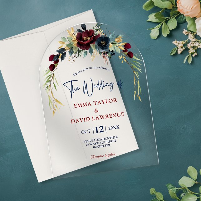Elegant Navy burgundy floral wedding arch  Acrylic Invitations (Creator Uploaded)