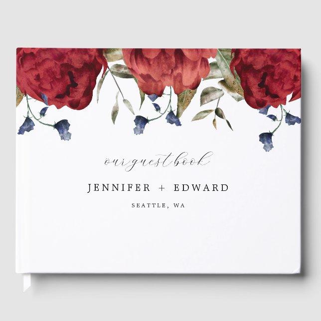 Elegant Navy Burgundy Flower Wedding Guest Book (Front)