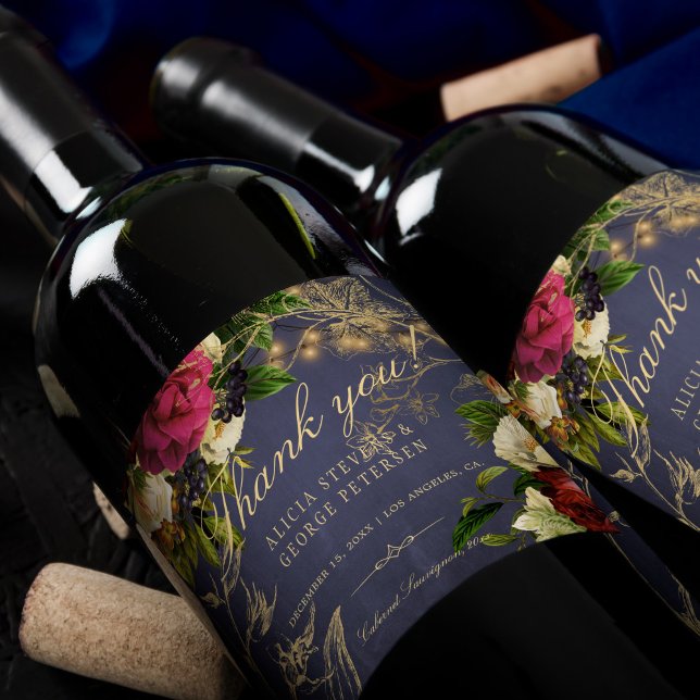 Elegant navy burgundy gold typography wedding wine label (Creator Uploaded)