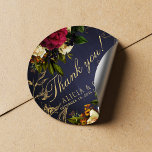 Elegant navy burgundy gold wedding thank you classic round sticker<br><div class="desc">Red burgundy and ivory cream peony roses bouquets with green and gold foliage and leaves and a chic gold typography script making an elegant thank you wedding sticker.                Personalise it with your text,  names and details!            Suitable for rustic elegant floral autumn fall or winter / Christmas weddings.</div>