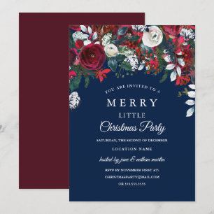 Elegant Navy Burgundy White Floral Christmas Party Invitation