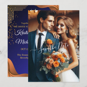 Elegant Navy & Burnt Orange Photo Save the Date Invitation