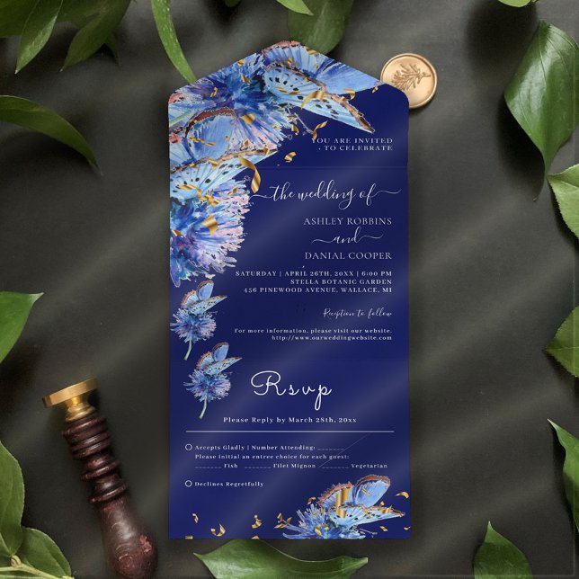 Elegant Navy Butterflies Wedding All In One Invitation (Creator Uploaded)