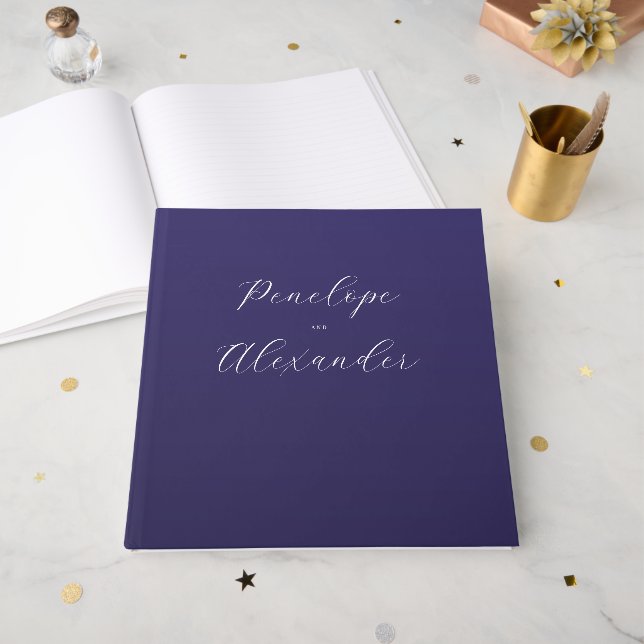 Elegant Navy Calligraphy Guest Book (Front Open)