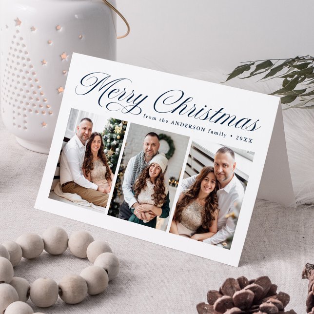 Elegant Navy Calligraphy Merry Christmas 3 Photo Holiday Card (Creator Uploaded)