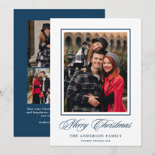 Elegant Navy Calligraphy Merry Christmas 4 Photo Holiday Card
