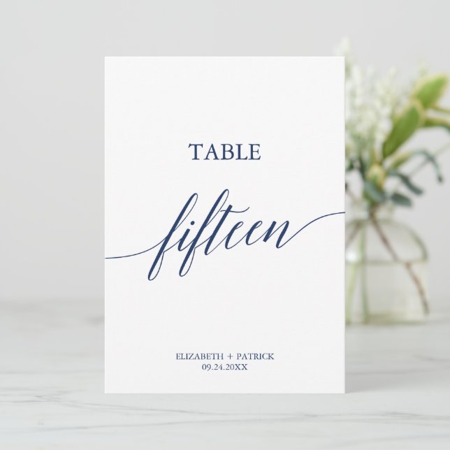 Elegant Navy Calligraphy Table 15 Table Number (Standing Front)
