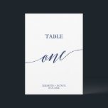 Elegant Navy Calligraphy Table One Table Number<br><div class="desc">This elegant navy calligraphy table one table number is perfect for a simple wedding. The neutral design features a minimalist card decorated with romantic and whimsical typography. The card prints on the front and back (double-sided). Other table numbers in the collection are sold separately.</div>