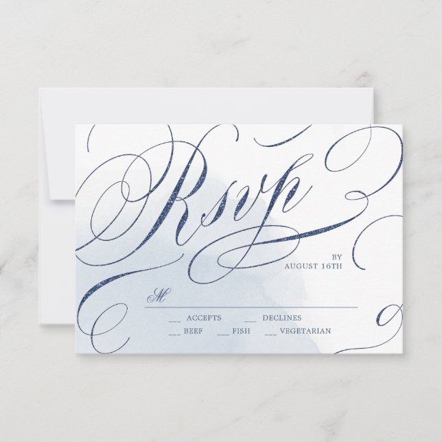 Elegant navy calligraphy vintage wedding RSVP (Front)
