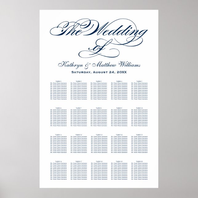 Elegant Navy Calligraphy Wedding Seating Poster (Front)