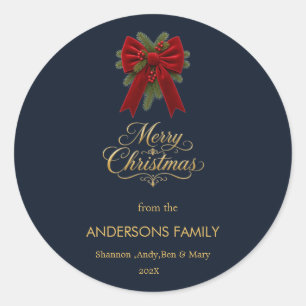 Elegant Navy  Christmas Bow  Party Classic Round Sticker