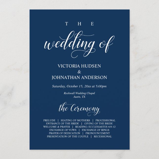 Elegant Navy Classy Script, Wedding Ceremony Progr Programme (Front)