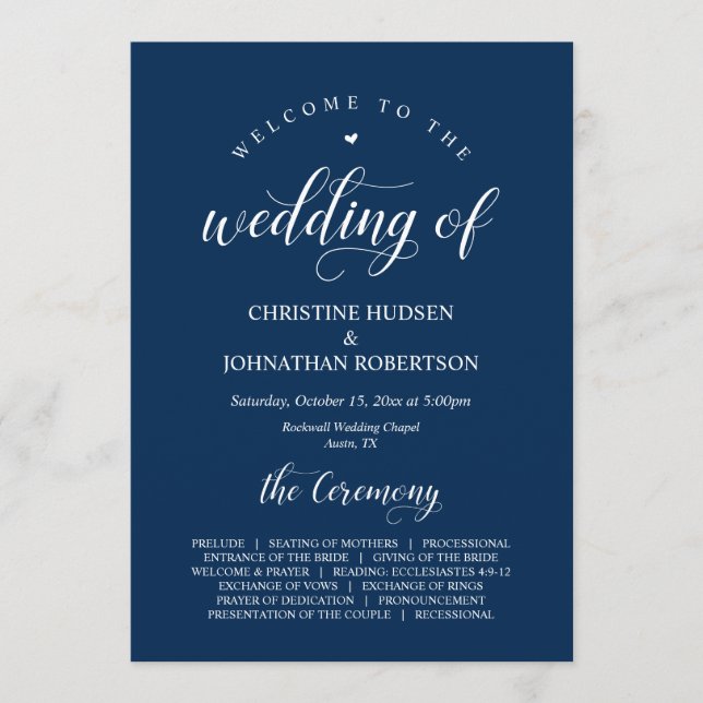 Elegant Navy Classy Script, Wedding Ceremony Progr Programme (Front)