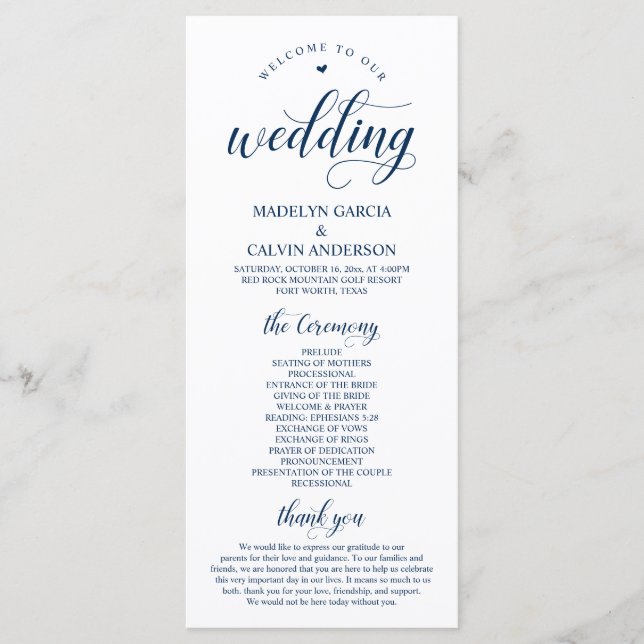 Elegant Navy Classy Script, Wedding Ceremony Programme (Front)