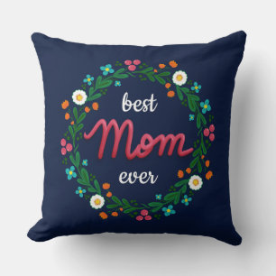 Elegant Navy Colourful Floral Wreath Best Mum Ever Cushion