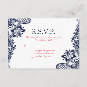 Elegant Navy & Coral Lace Wedding Response Cards