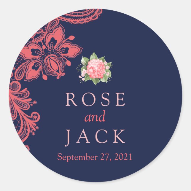 Elegant Navy & Coral Lace Wedding Wedding Stickers (Front)