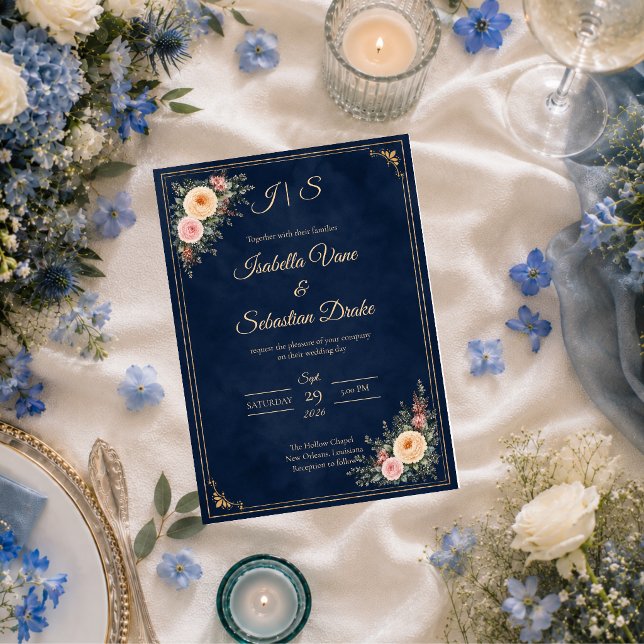 Elegant Navy Corner Floral Wedding Invitation (Creator Uploaded)