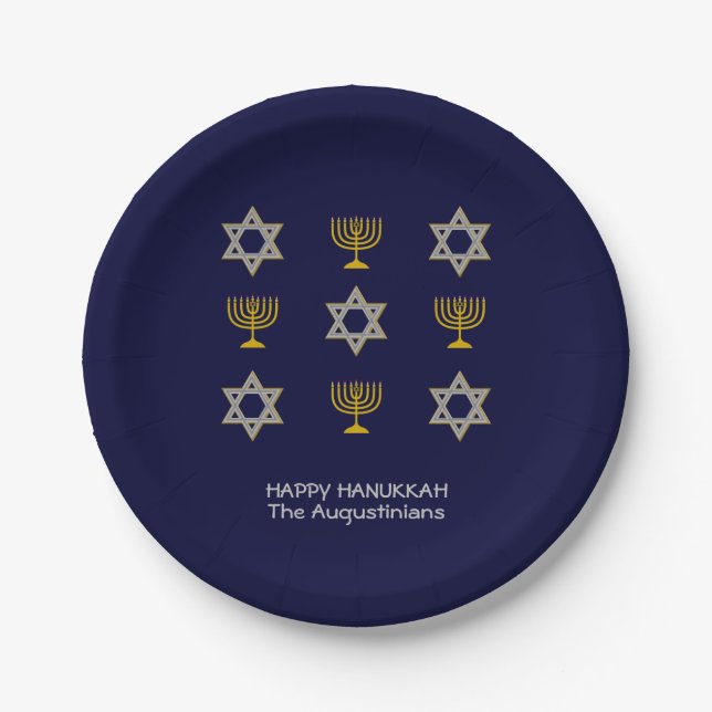 Elegant Navy Custom Hanukkah  Paper Plate (Front)
