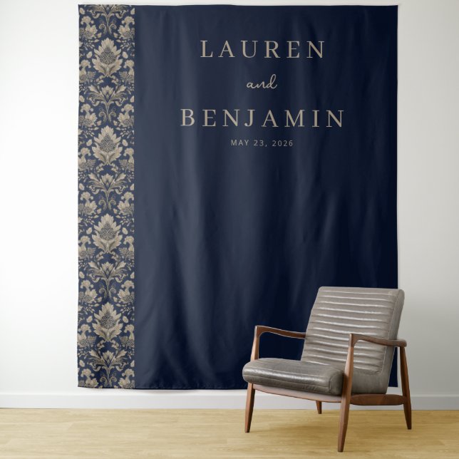 Elegant Navy Damask Tapestry (In Situ)