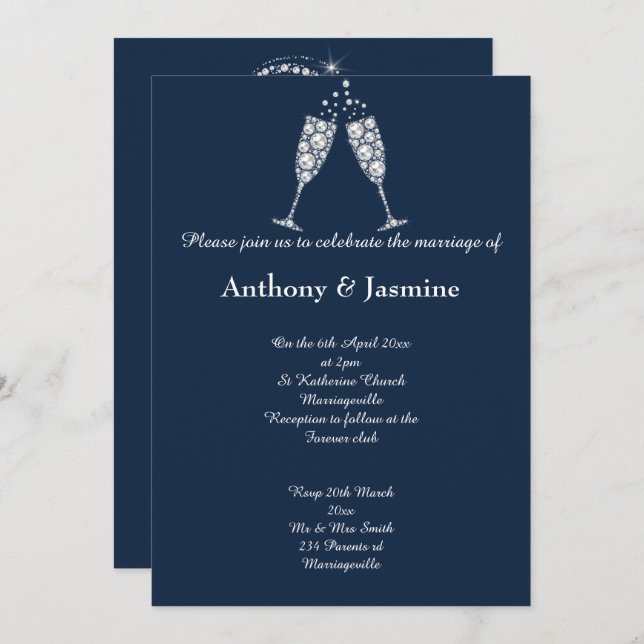 ELEGANT NAVY DIAMOND SWIRL CHAMPAGNE GLASS WEDDING INVITATION (Front/Back)