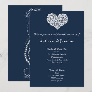 ELEGANT NAVY DIAMOND SWIRL HEART WEDDING INVITATION