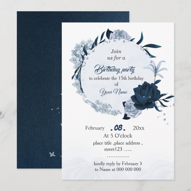 elegant navy & dusty blue flowers birthday party invitation (Front/Back)