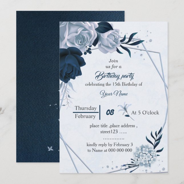 elegant navy dusty blue flowers birthday party invitation (Front/Back)