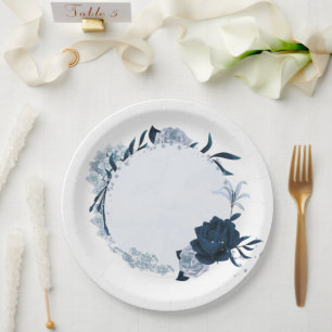elegant navy & dusty blue flowers botanical paper plate