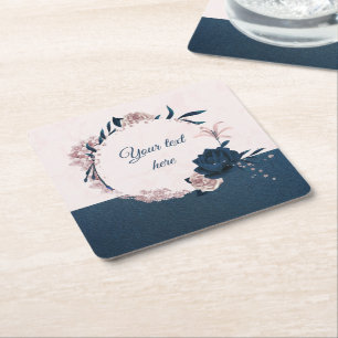 Elegant navy & dusty rose floral wreath square pap paper coaster