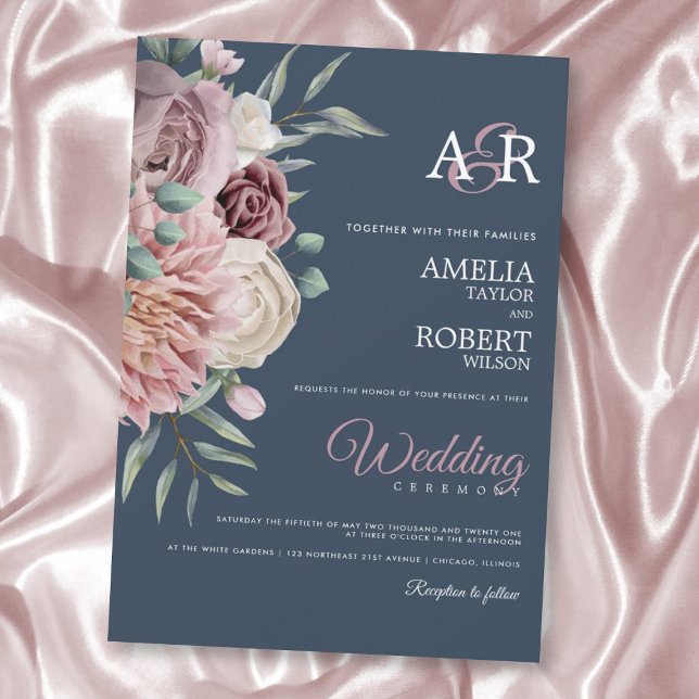 Elegant Navy Dusty Rose Watercolor Floral Invitati Invitation (Creator Uploaded)