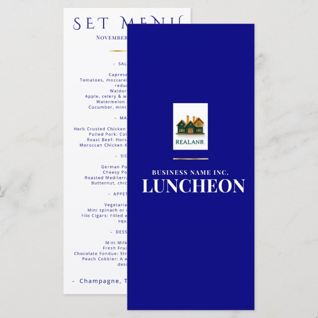 Elegant Navy Event Menu Logo Corporate Wedding (Front/Back)