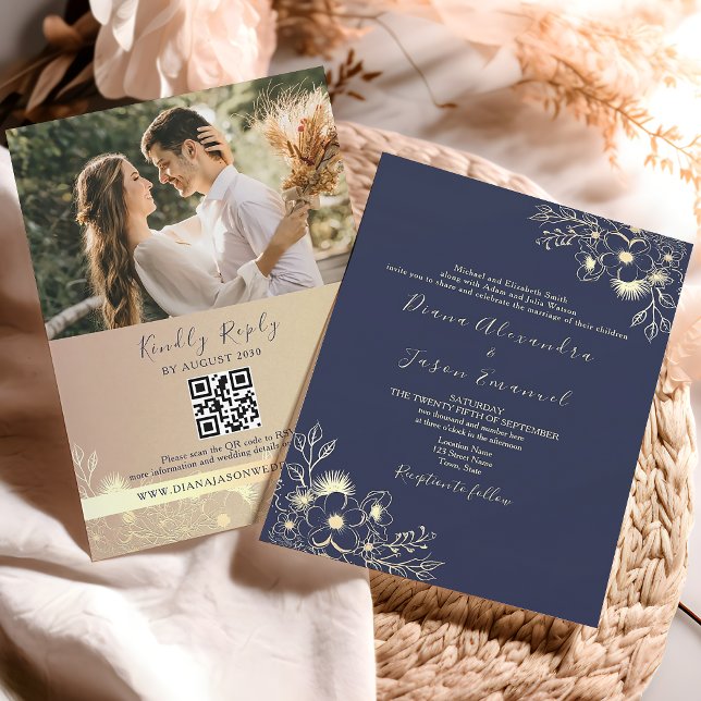 Elegant Navy Fall Floral QR Code Wedding Invitation (Creator Uploaded)